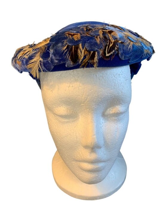 Nina Ladies Blue Velvet Hat with Feathers Hat Size 22 Vintage main image 9